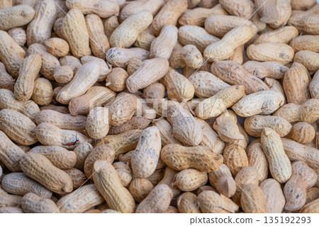 Peanuts in bulk, Scattered unshelled peanuts indicating large scale storage environment, Arrangement of peanuts suggesting bulk supply and industrial processing facility Peanuts in bulk, Scattered unshelled peanuts indicating large scale storage environment, Arrangement of peanuts suggesting bulk supply and industrial processing facility 135192293