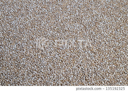 Pure quinoa grains, Detailed view highlights purity and nutritious qualities of quinoa, Showcasing smooth surface and natural integrity of wholesome white quinoa grains 135192325