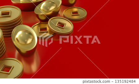 Luxury Golden Chinese Ingots and Coins on Red Background 3d render. 135192484
