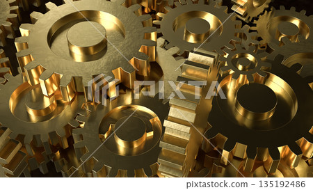 Golden Mechanical Gears Concept Representing Industry Engineering and Business Efficiency 3d render. Golden Mechanical Gears Concept Representing Industry Engineering and Business Efficiency 3d render. 135192486