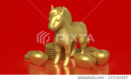 Golden Horse Statue with Chinese Gold Ingots on Red Background 3d render. 135192487