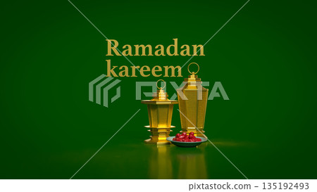 Ramadan Kareem Greeting with Golden Lanterns on Green Background 3d render. Ramadan Kareem Greeting with Golden Lanterns on Green Background 3d render. 135192493