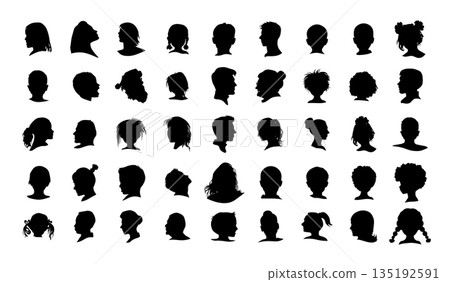 Set of silhouettes of people's heads. hand drawn. Not AI, Vector illustration 135192591