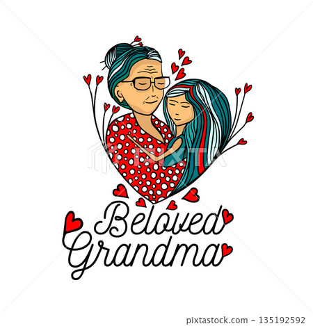 Illustration of a grandmother with her granddaughter . Mother's Day. hand drawn. Not AI, Vector illustration. 135192592