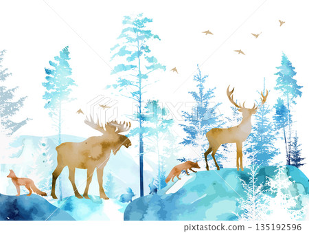 Winter snowy forest. Different animals in the forest abstract. hand drawing. Not AI, Vector illustration Winter snowy forest. Different animals in the forest abstract. hand drawing. Not AI, Vector illustration 135192596