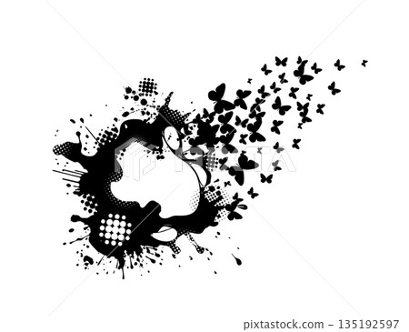 Monochrome abstract frame with butterflies . Hand drawing Line art. Not AI. Vector illustration 135192597