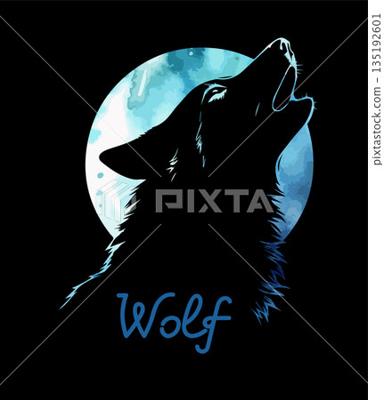 Wolf howling at the moon blue abstract . Hand drawn. Not AI, vector illustration. Wolf howling at the moon blue abstract . Hand drawn. Not AI, vector illustration. 135192601