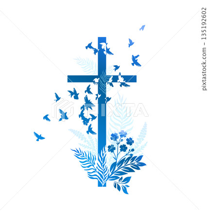 Religious cross with flowers and birds. Hand drawn. Not AI, vector illustration 135192602