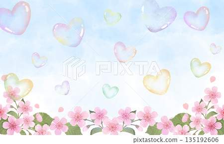 櫻花背景，飛舞著心型肥皂泡 135192606
