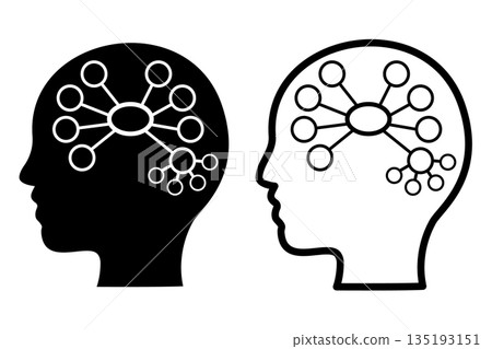 Black and white mind map icon - Image of a mind map that unfolds inside a person's brain Black and white mind map icon - Image of a mind map that unfolds inside a person's brain 135193151