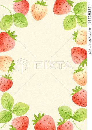 Watercolor strawberry frame with natural strawberry leaves and fruit background 135193254
