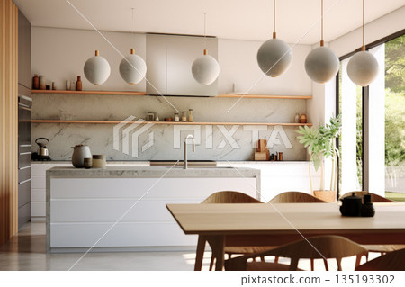 Sleek Kitchen with Stylish Appliances and Marble Countertop 135193302