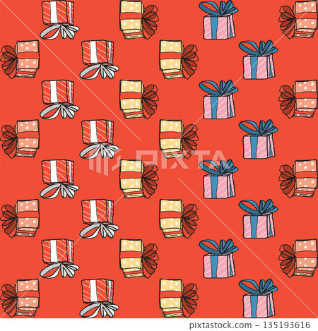 Gift boxes seamland pattern hand drawn childish style on red background graphic illustration. Presents wrapping paper greeting season concept. Gift boxes seamland pattern hand drawn childish style on red background graphic illustration. Presents wrapping paper greeting season concept. 135193616