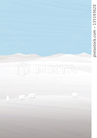 Minimalist snowscape have Polar bears family walking graphic illustration. Snow landscape vertical background concept with blank space. 135193628