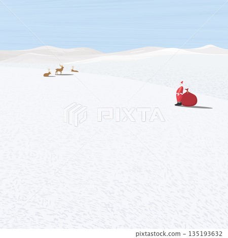 Minimalist snowscape with Santa Claus and lazy reindeers graphic illustration. Merry Christmas greeting card square template have blank space. 135193632