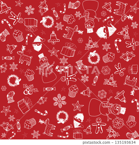 Christmas elements hand drawn childish style seamless pattern on red background graphic illustration. Merry Christmas gift wrapping paper template. Christmas elements hand drawn childish style seamless pattern on red background graphic illustration. Merry Christmas gift wrapping paper template. 135193634