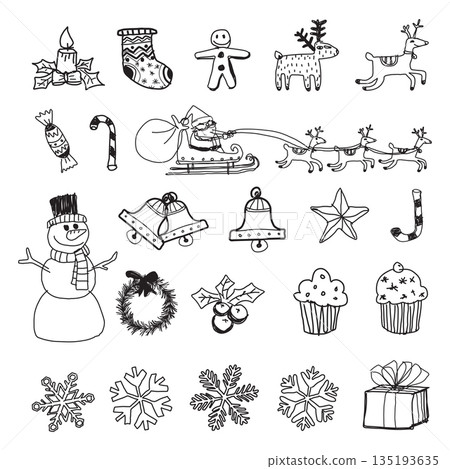 Christmas decoration isolated elements black and white colors hand drawn childish style graphic illustration. 135193635
