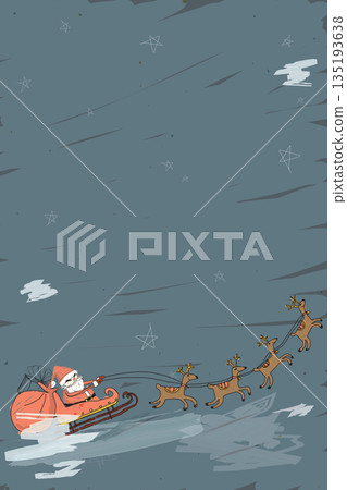 Santa Claus on sleigh with reindeers hand drawn childish style on night sky background have blank space graphic illustration. Merry Christmas greeting card vertical template. 135193638