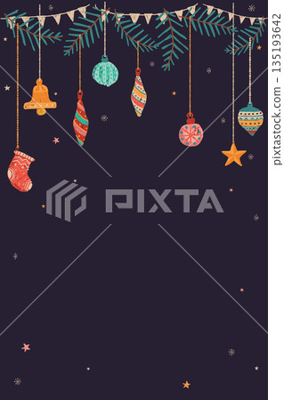Various garlands hanging hand drawn childish style on purple background graphic illustration. Merry Christmas greeting card vertical template. Various garlands hanging hand drawn childish style on purple background graphic illustration. Merry Christmas greeting card vertical template. 135193642