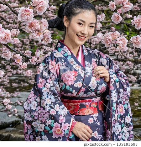In the spring sunshine. Kimono, smiling, posing. 135193695