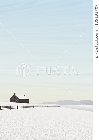 Minimalist snowscape with farmland have mountain ranges and vanilla sky vertical background graphic illustration. 135193707