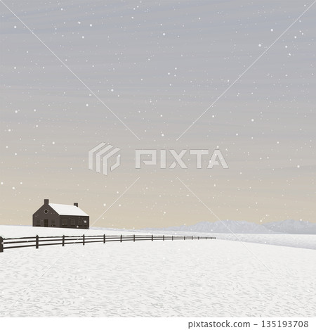 Snowfall in minimalist snowscape with farmland have mountain ranges and vanilla sky square background graphic illustration. 135193708