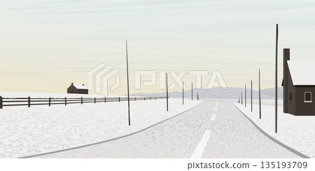Minimalist countryside landscape in winter season have local road through the small town with vanilla sky background graphic illustration. Minimalist countryside landscape in winter season have local road through the small town with vanilla sky background graphic illustration. 135193709