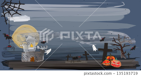 Halloween night graveyard landscape doodle style on night sky background graphic illustration. Flyer or invitation template for Halloween party with blank space. 135193719