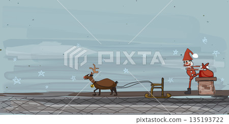Freaky Santa thief climbing out of the chimney on the roof with the stolen valuables in Christmas eve hand drawn style graphic illustration have blank space. Freaky Santa thief climbing out of the chimney on the roof with the stolen valuables in Christmas eve hand drawn style graphic illustration have blank space. 135193722