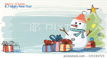 Merry Christmas and Happy New Year hand drawn style on old notebook paper graphic illustration have blank space. Merry Christmas and Happy New Year hand drawn style on old notebook paper graphic illustration have blank space. 135193723