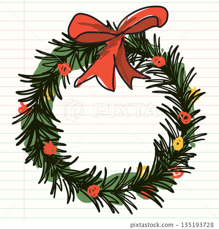 Frame of Christmas wreath hand drawn childish style on old notebook paper graphic illustration have blank space. Merry Christmas and Happy New Year greeting card square template. Frame of Christmas wreath hand drawn childish style on old notebook paper graphic illustration have blank space. Merry Christmas and Happy New Year greeting card square template. 135193728