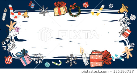 Christmas elements around white blank frame hand drawn childish style on navy blue blackground graphic illustration. Merry Christmas and Happy New Year greeting card template. 135193737