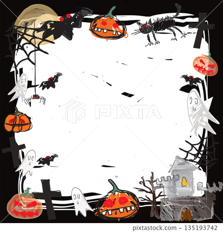 Funny Halloween elements around white blank frame hand drawn childish style on black square background graphic illustration. Funny Halloween elements around white blank frame hand drawn childish style on black square background graphic illustration. 135193742