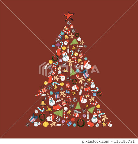 Christmas tree made from Christmas elements hand drawn childish style on red background graphic illustration. Merry Christmas greeting card square template. 135193751