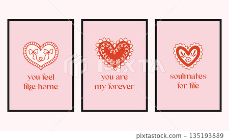 Vector set of romantic cards with decorative hearts and handwritten love quotes. Cute Valentine designs in soft pink and red, perfect for greeting cards, prints, and gifts. Vector set of romantic cards with decorative hearts and handwritten love quotes. Cute Valentine designs in soft pink and red, perfect for greeting cards, prints, and gifts. 135193889