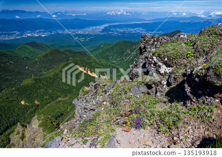 Lake Suwa, the Central Alps, Ontake, and the Northern Alps as seen from Yokodake in the Yatsugatake Mountain Range Lake Suwa, the Central Alps, Ontake, and the Northern Alps as seen from Yokodake in the Yatsugatake Mountain Range 135193918