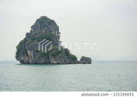 A landscape of strange rocks floating in the sea of Halong Bay under a cloudy sky A landscape of strange rocks floating in the sea of Halong Bay under a cloudy sky 135194055