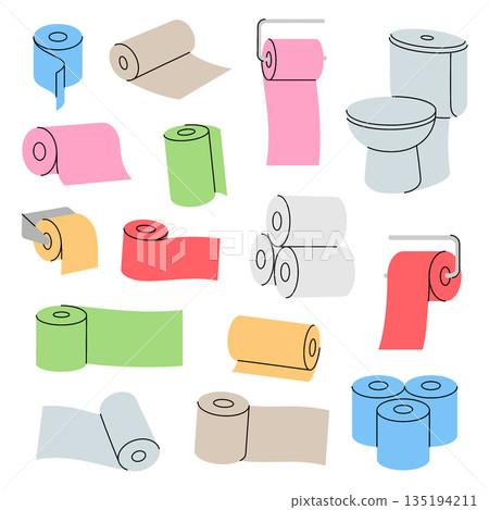 Colorful toilet paper rolls and toilet bowls on white background minimal bathroom vector illustration Colorful toilet paper rolls and toilet bowls on white background minimal bathroom vector illustration 135194211