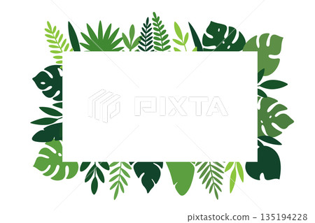 Tropical rectangular frame with green jungle leaves. Botanical border design for invitations, posters, or summer backgrounds 135194228