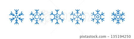 Set of 6 snowflake icons in blue outline style. Minimal holiday clipart collection for winter and festive designs 135194250