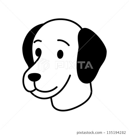 Smiling cartoon dog with floppy black ears and round face. Minimalist pet head vector design in black and white line art 135194282