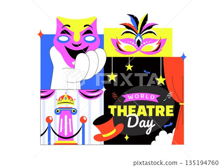 World Theatre Day Vector Illustration Featuring Comedy And Tragedy Masks, Red Curtains, Plus Elements Celebrating Performing Arts And Entertainment 135194760
