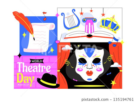 World Theatre Day Vector Illustration Featuring Comedy And Tragedy Masks, Red Curtains, Plus Elements Celebrating Performing Arts And Entertainment World Theatre Day Vector Illustration Featuring Comedy And Tragedy Masks, Red Curtains, Plus Elements Celebrating Performing Arts And Entertainment 135194761
