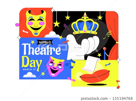World Theatre Day Vector Illustration Featuring Comedy And Tragedy Masks, Red Curtains, Plus Elements Celebrating Performing Arts And Entertainment 135194768
