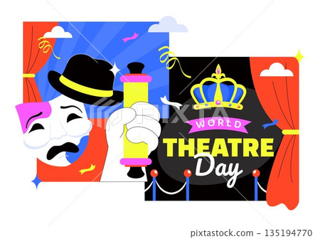 World Theatre Day Vector Illustration Featuring Comedy And Tragedy Masks, Red Curtains, Plus Elements Celebrating Performing Arts And Entertainment 135194770
