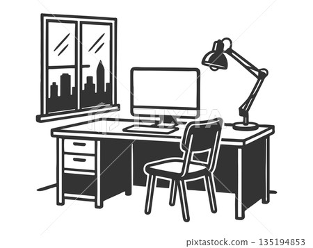 Modern office desk with city view engraving raster 135194853