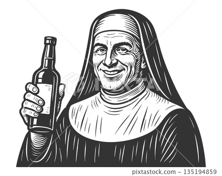 smiling nun holding beer engraving sketch vector smiling nun holding beer engraving sketch vector 135194859