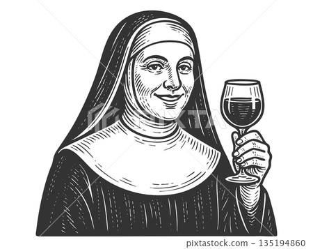 nun with wine glass engraving vector illustration 135194860