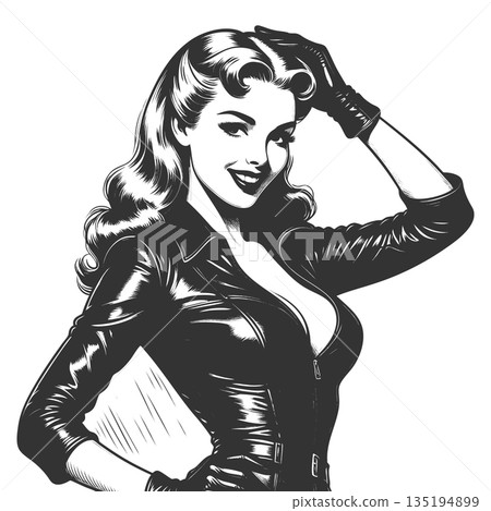 Smiling Woman in Leather Jacket Black and White 135194899