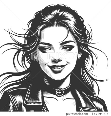 Smiling Woman in Leather Jacket Black and White Smiling Woman in Leather Jacket Black and White 135194993